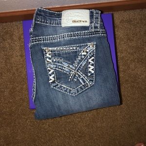 Grace Blue and White Decal Boot Cut Jeans